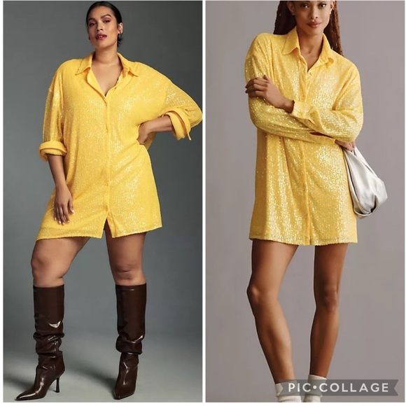 Anthropologie Dresses & Skirts - Anthropologie Flat White Sequin Tunic Shirt Dress Yellow Womens Size Large